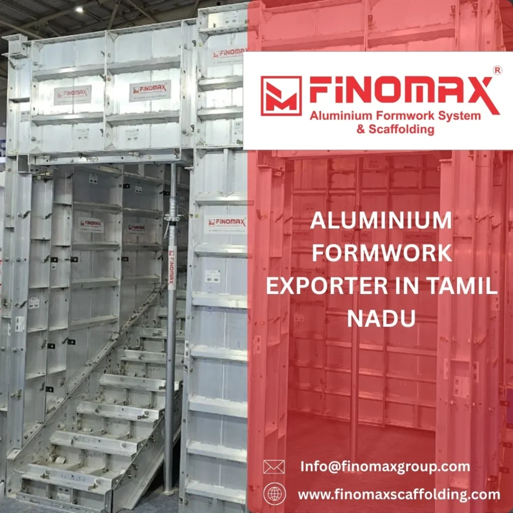 Aluminium formwork panels stacked for export at a manufacturing facility in Tamil Nadu, showing modular wall and slab shuttering systems ready for shipment.