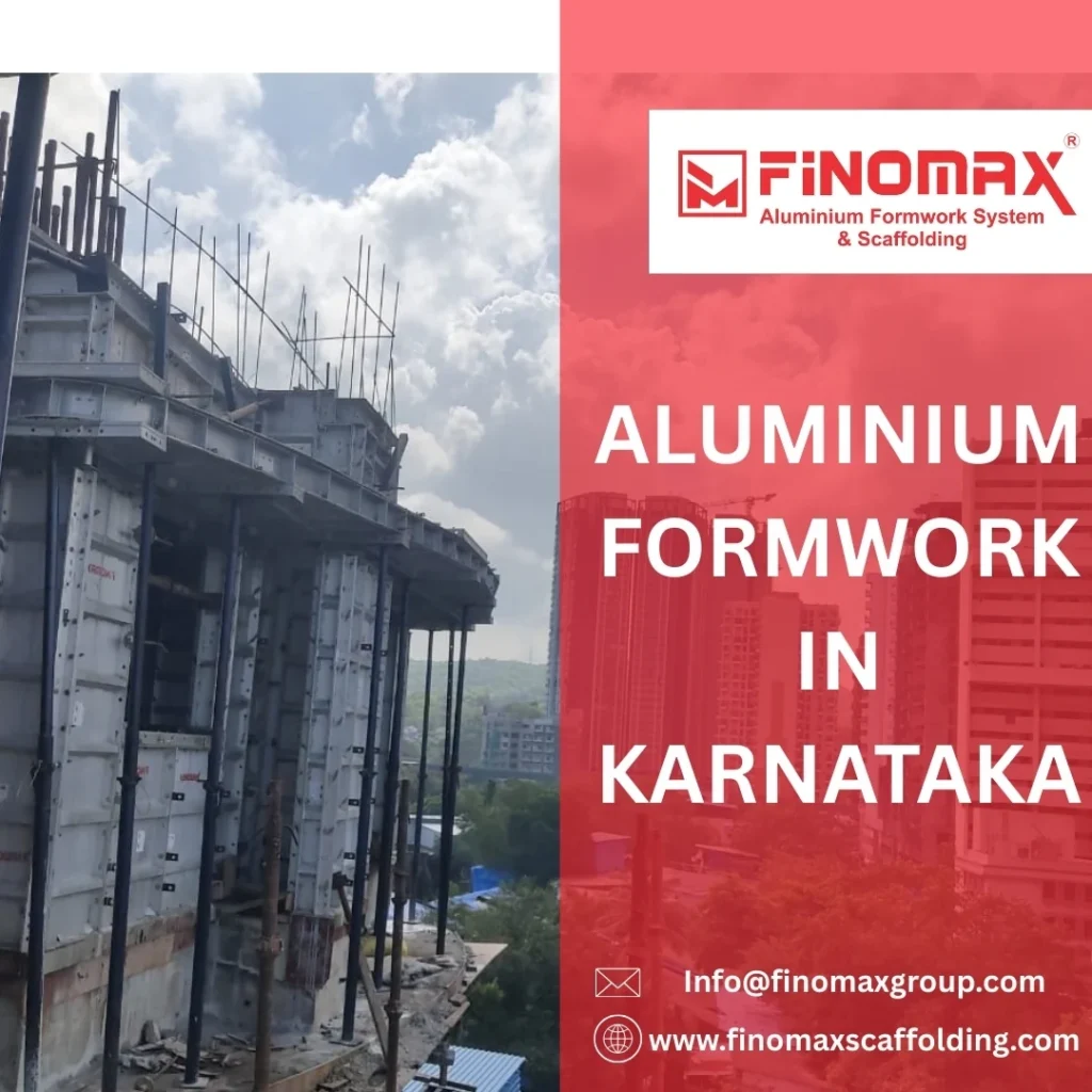 Aluminium formwork panels stacked at a construction site in Karnataka, showing lightweight metal frames used for building walls and structures, with workers assembling the formwork under a clear sky.