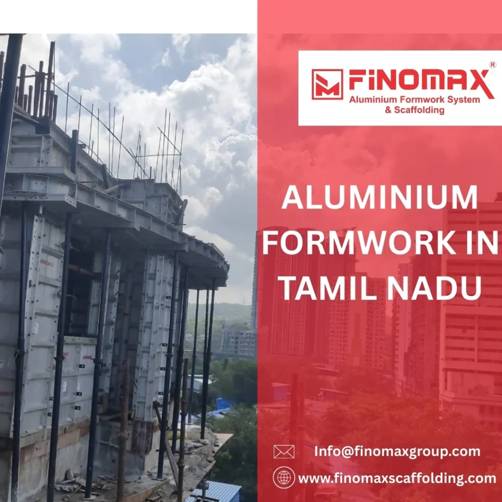 A construction site in Tamil Nadu where aluminium formwork panels are being assembled around a reinforced concrete building’s walls and slabs, local workers lifting a modular aluminium shuttering system under a blue sky.