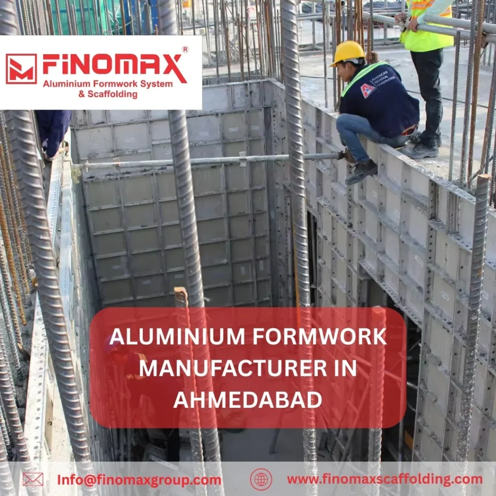 aluminium formwork manufacturer facility in Ahmedabad, Gujarat India — rows of precision‑engineered aluminium panels ready for casting