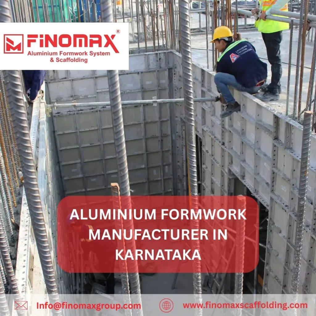 Aluminium formwork panels being fabricated at a manufacturing unit in Karnataka, with workers operating machinery and assembling precision-engineered metal components for use in high-rise construction projects.