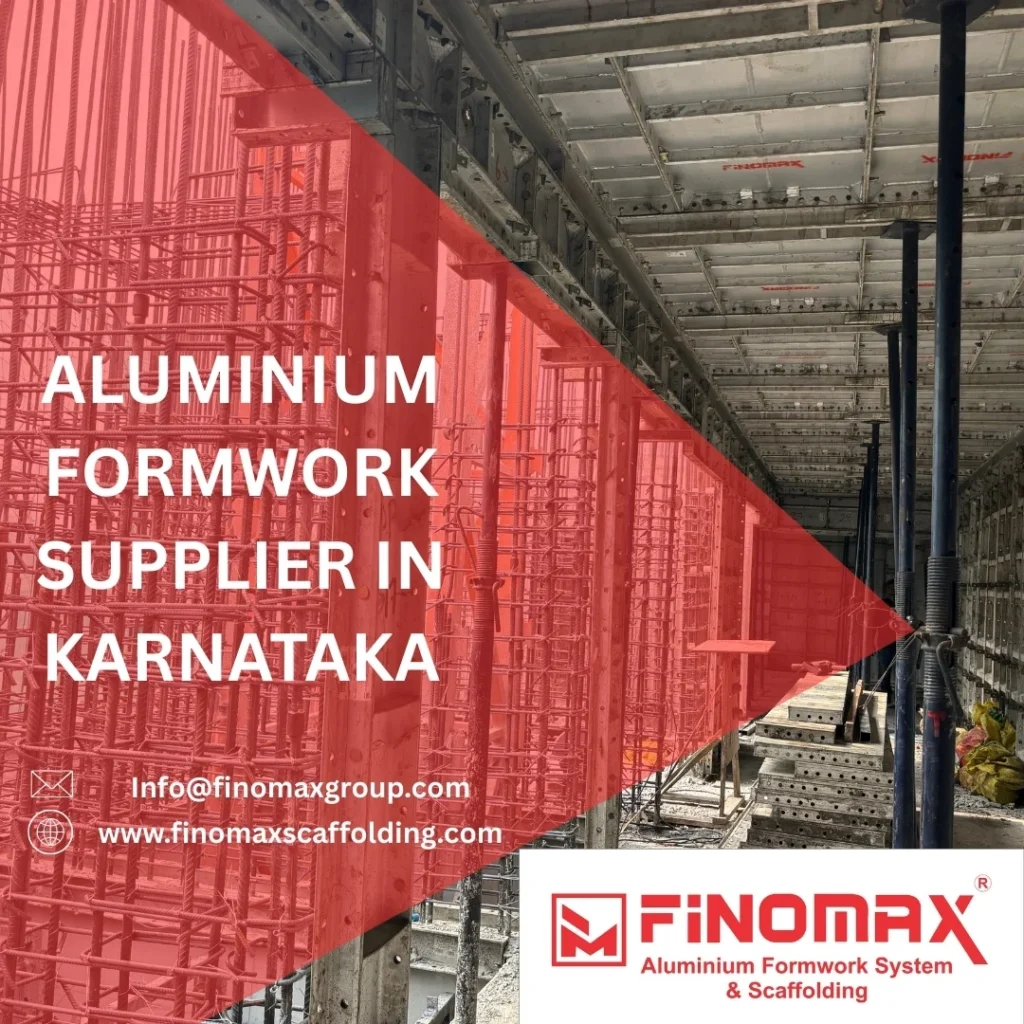 Aluminium formwork supplier in Karnataka: stacked lightweight aluminium panels and components neatly arranged in a warehouse, ready for delivery to a construction site