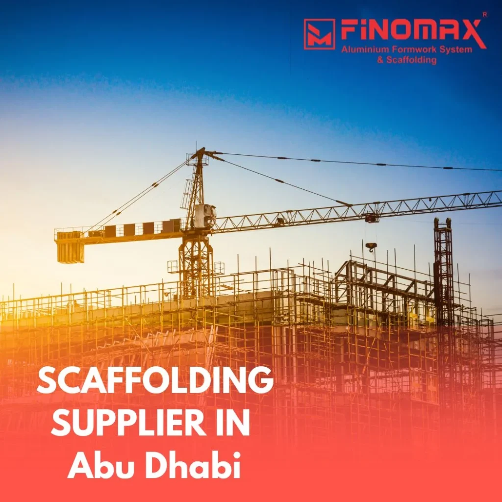 Supplier delivering scaffolding materials including metal poles and planks at a warehouse in Abu Dhabi.