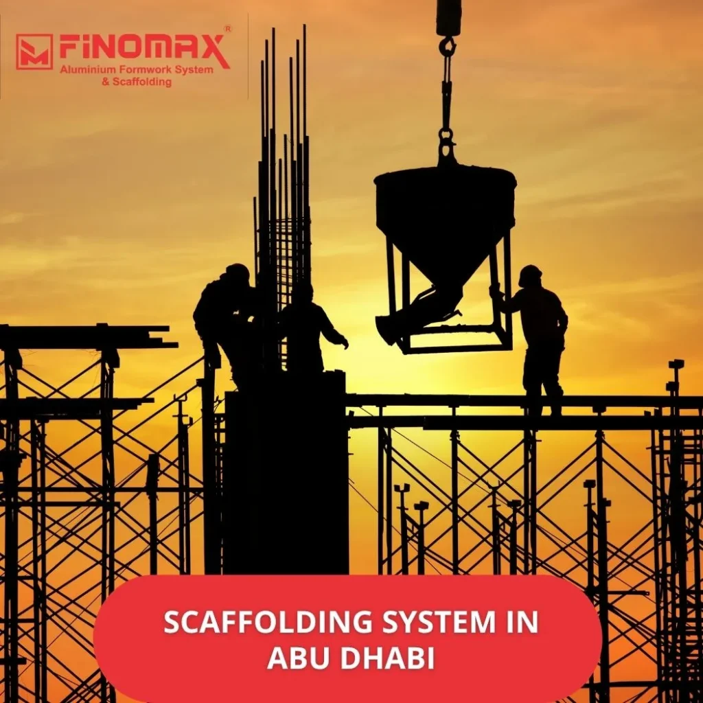 Scaffolding system set up at a construction site in Abu Dhabi with metal frames and safety rails against a clear sky.