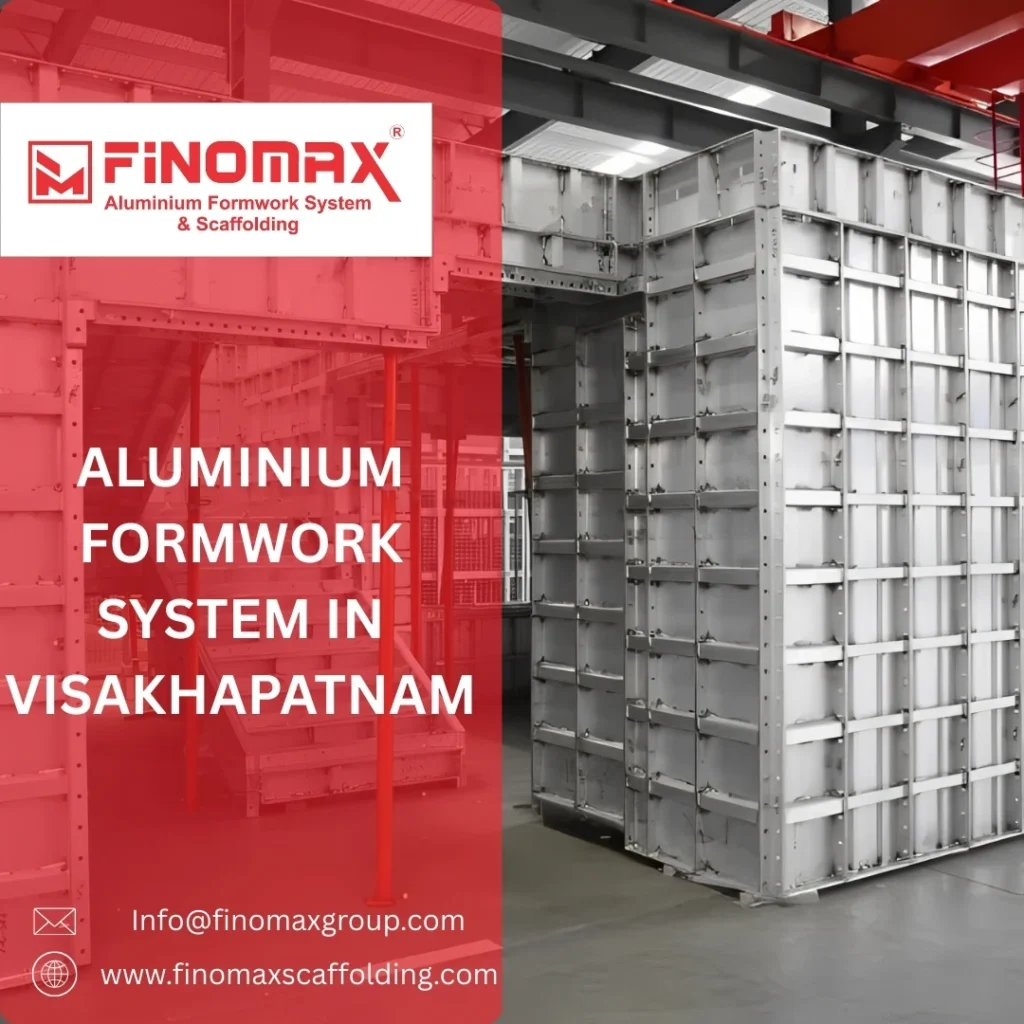 Aluminium formwork system set up at a construction site in Visakhapatnam, featuring modular panels and sturdy support frames.