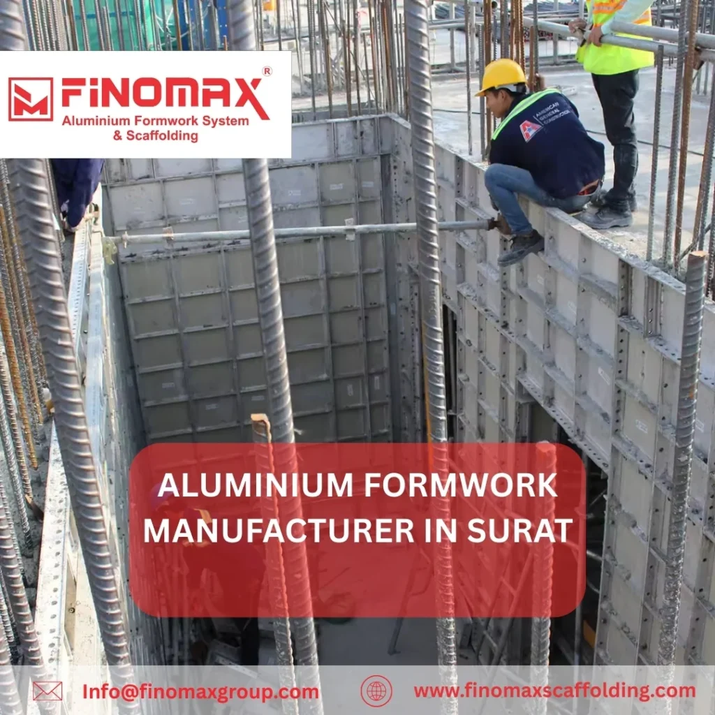 Workers assembling aluminium formwork panels for wall construction at a Surat project site