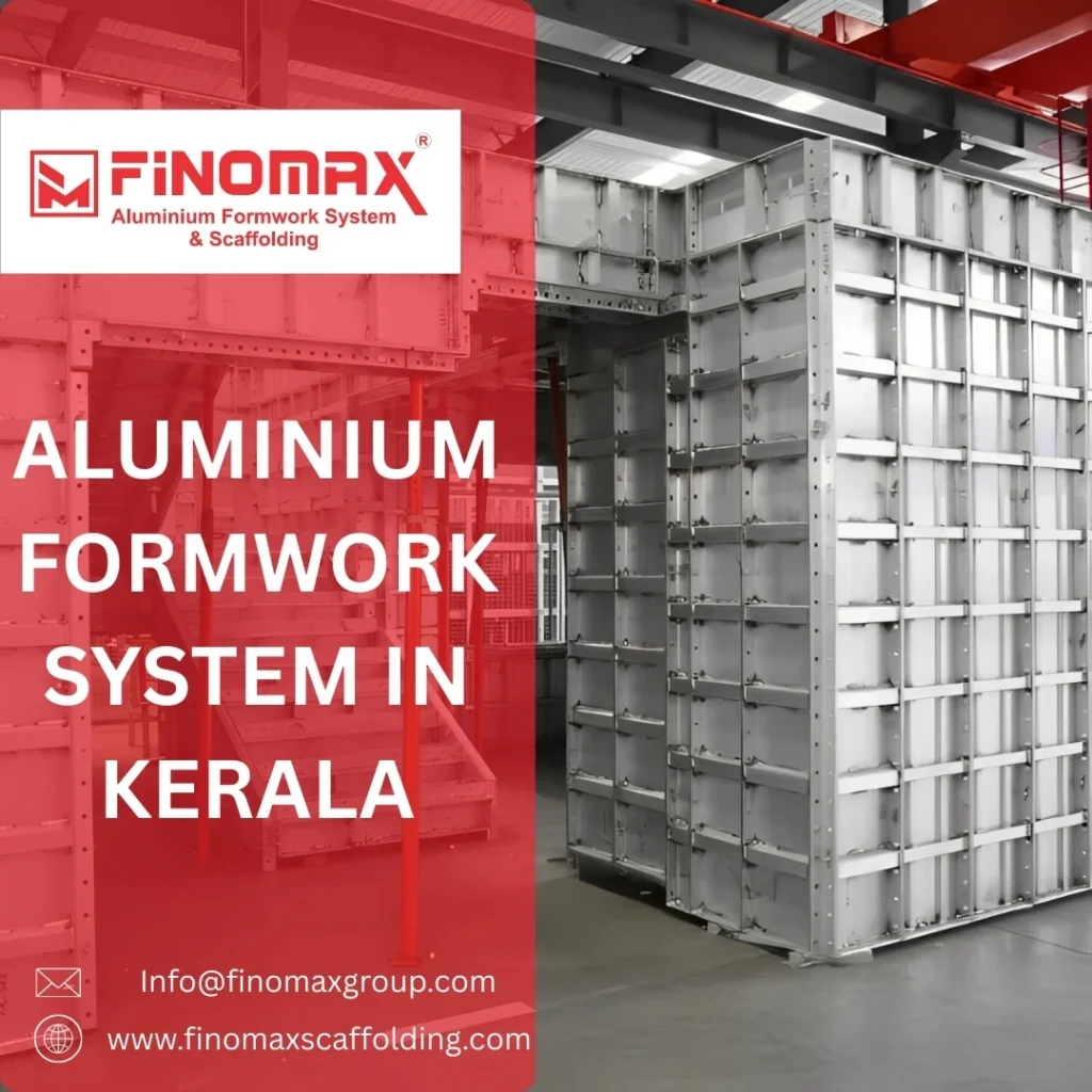 Complete aluminium formwork system arranged for slab and wall casting inside a construction site in Kerala