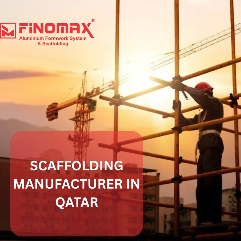 Worker assembling scaffolding structure on a construction site in Qatar.