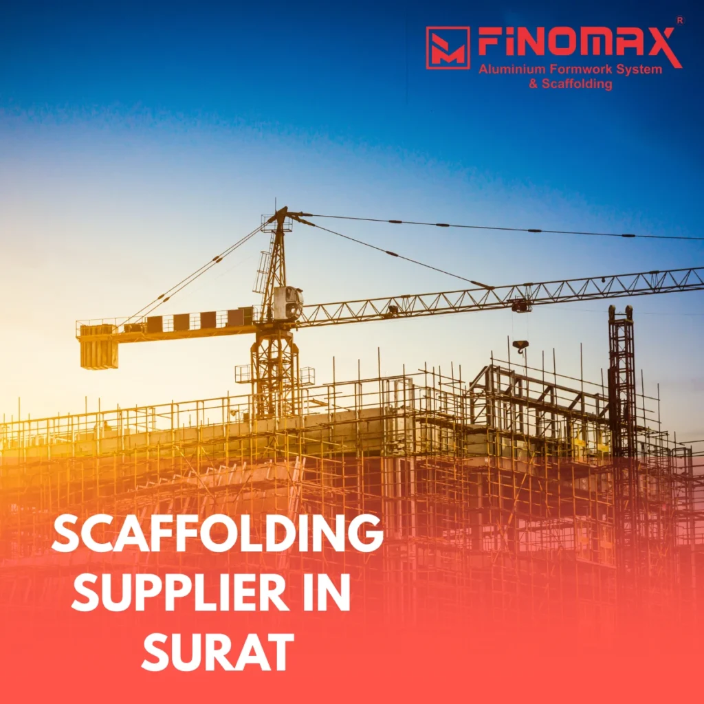 Large construction site in Surat with scaffolding structures and crane support