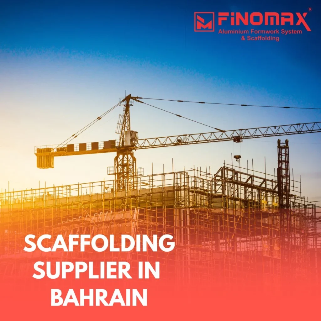 Scaffolding structure and tower crane at an active construction site in Bahrain