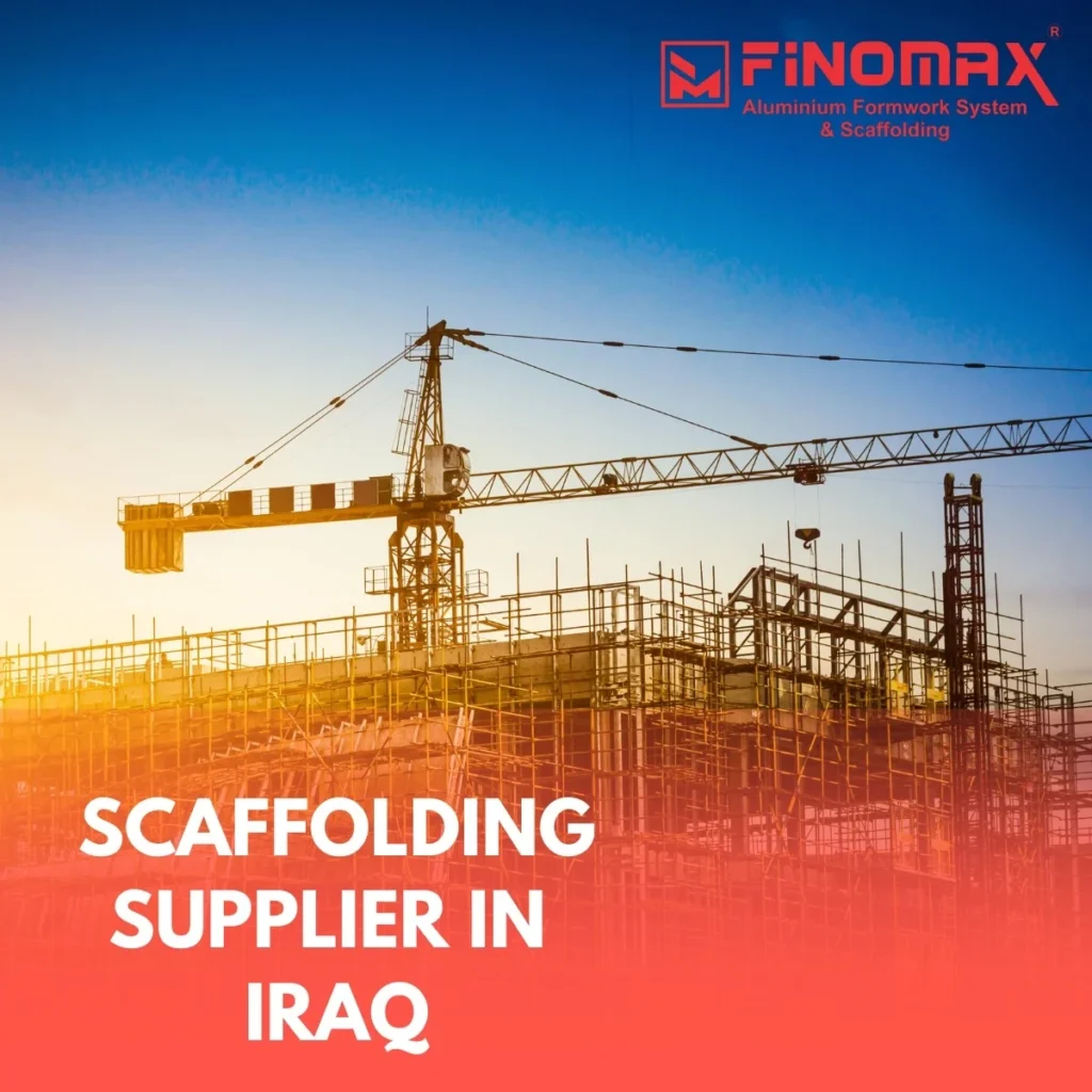 Construction site with crane and scaffolding frames at sunrise, highlighting Finomax as a scaffolding supplier in Iraq.