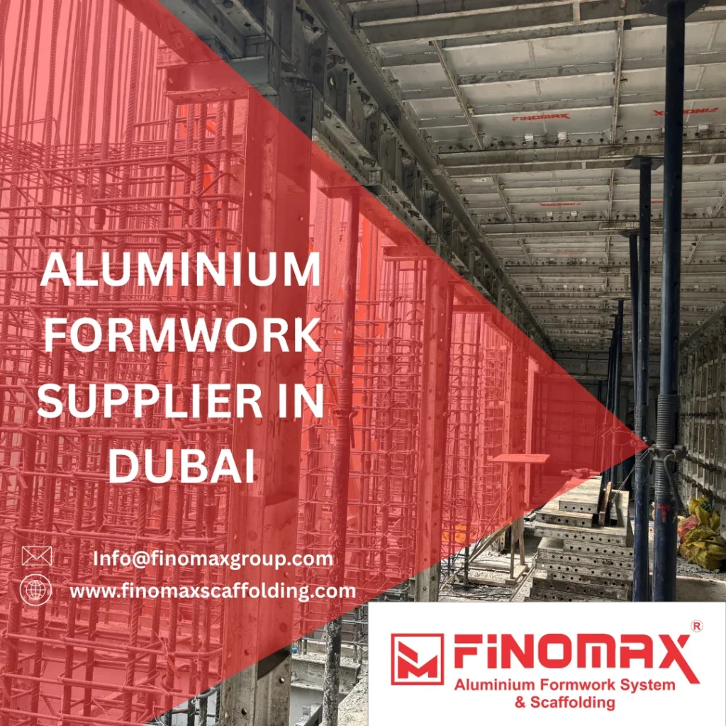 Aluminium formwork panels with scaffolding support at a large scale construction site in Dubai